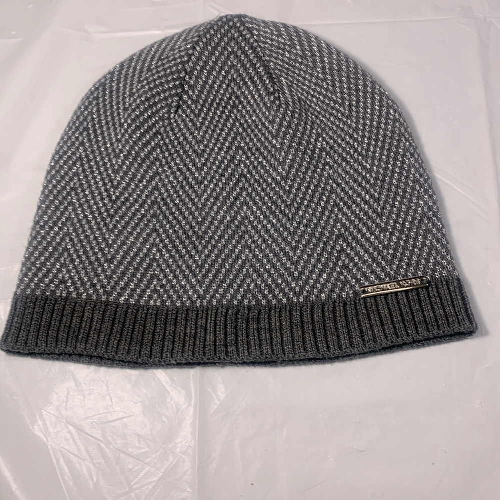 Michael Michael Kors Grey & Silver Plate Herringbone Knit Beanie Derby